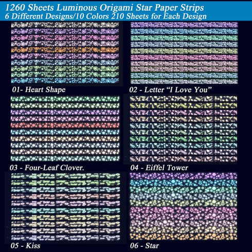 1260 Sheets Luminous Origami Star Paper Strip with 6 Patterns Glow in Dark Folding Stars Paper Lucky Stars Paper for DIY Handmade Crafts Paper Sta...