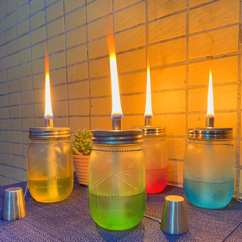 Mason Jar Tabletop Torch Kits,4 Pack Longlife Fiberglass Wicks,Stainless Steel Mason Jar Lids Caps Included,Outdoor Deck Oil Lamp Torch...