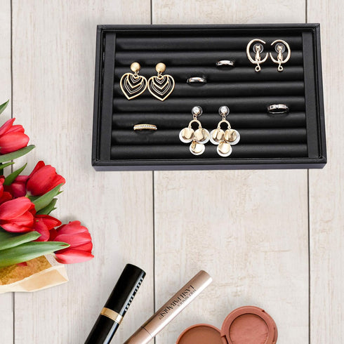 Velvet 7 Slots Ring Earrings Trays Showcase Display Jewelry Organizer (PU Leather)...