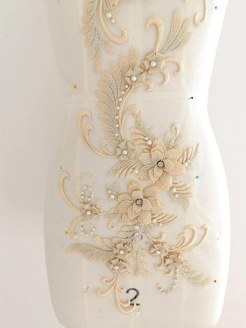 Champagne applique lace, bodice applique, Champagne trim beaded, Champagne 3D lace flower, lace fabric Champagne tulle for dress CH (C1a champagne...
