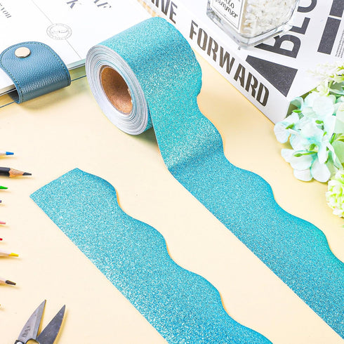 131 Ft Blue Glitter Bulletin Board Borders Blue Scalloped Bulletin Board Trims Shiny Decorative Border Trims Sparkle Self-Adhesive Bulletin Sticke...