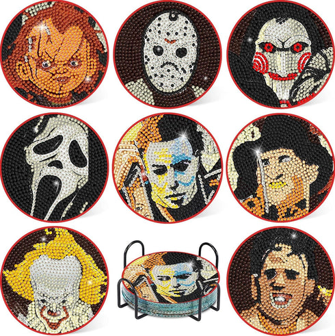 ICECHEN 8 Pcs Diamond Paintings Coasters Kits with Holder, DIY Halloween Coaster Diamond Art Kits,Full Drill Rhinestone Painting Kits for Adults &...