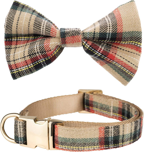 Scottish Tartan Bowtie Dog Collar with Detachable Bow Tie - Beige Plaid Dog Collar With Bowtie For Dogs And Puppies - Bowtie Dog Collar With Check...
