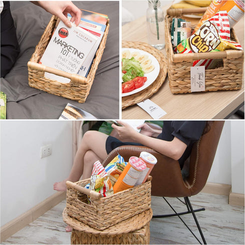 VATIMA Hyacinth Small Wicker Basket 11.6x8.1x4.9" - Bathroom Organizer, Wooden Handle, Decorative Storage...