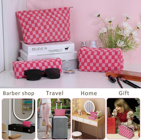 Large Capacity Makeup Bag Set Pink Checkered Makeup Bags 3 Pieces Canvas Travel Makeup Bag Organizer Travel Toiletry Bag Storage Bag for Women...