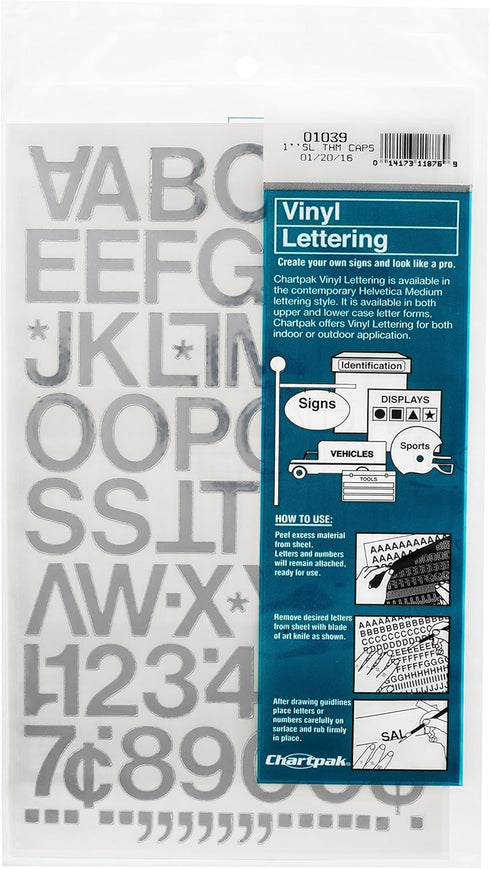Chartpak Self-Adhesive Vinyl Capital Letters and Numbers, 1 Inch High, Silver, 88 per Pack (01039)...