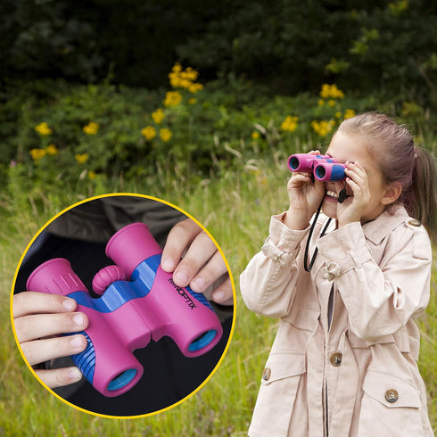 Binoculars for Kids, Girls or Boys Real Kids Binoculars in Vibrant Pink Blue - includes Sticker Book with 40 Bird Species - Kids Toys Small Binocu...
