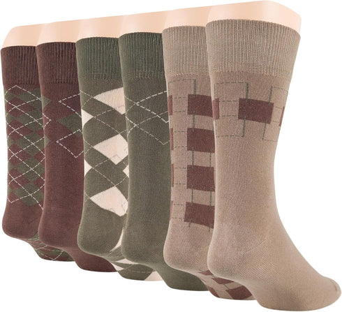 7Bigstars Men's Cotton Dress Crew Socks -6 pack-Argyle Stripes Dots-Large-Brown Blue Black Grey Beige Green...
