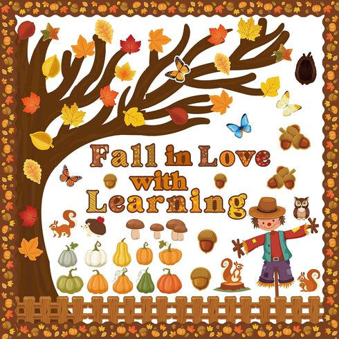 WATINC 170Pcs Fall Tree Learning Bulletin Board Decoration Set, Autumn Pumpkin Study Cut Outs Borders Decor, Thanksgiving Maple Leaves Cutout Wall...