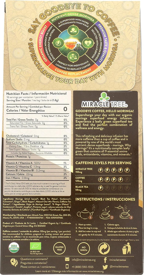 Miracle Tree's Energizing Moringa Infusion - Chai | Super Caffeinated Blend | Healthy Coffee Alternative, Perfect for Focus | Organic Certified & ...