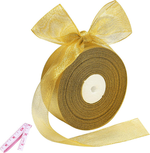 50 Yards Gold Glitter Ribbon 1 1/2 Inch, Sparkly Width Solid Fabric Ribbon for Gift Wrapping, Crafts, Holiday Wedding Birthday Party Decoration Fl...