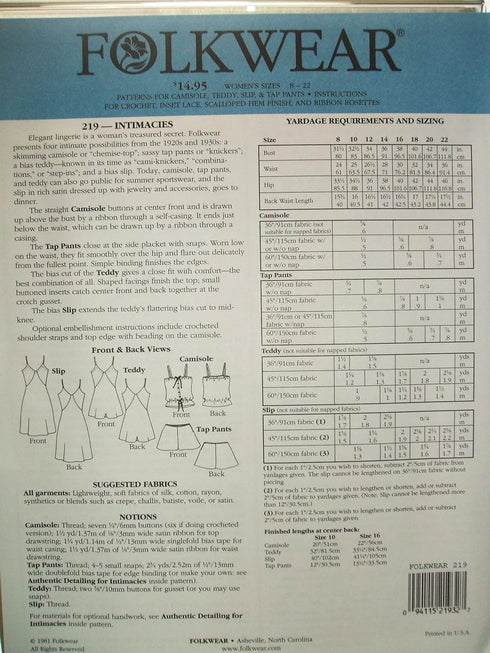 Folkwear #219 Intimacies Camisole Teddy Slip Lingerie Sewing Costume Pattern...