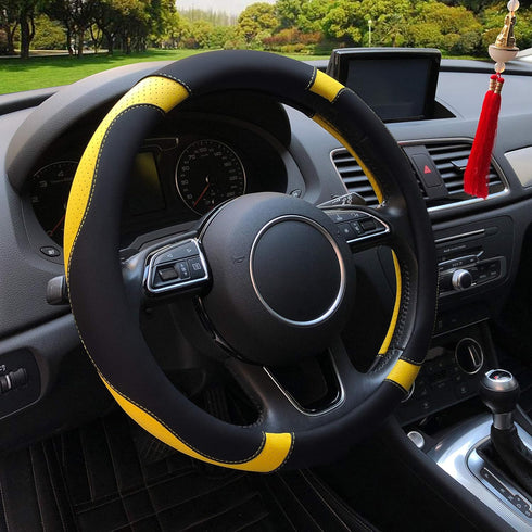 Leather Steering Wheel Cover, Breathable, Anti Slip & Odor Free, Black and Yellow...
