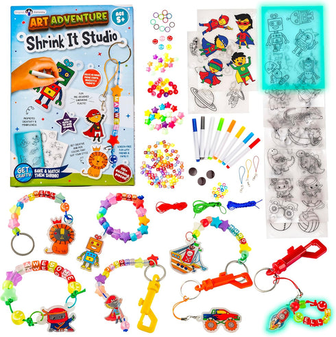 Original Stationery Art Adventure Shrink It Studio, Keychain Maker Kit for Boys to Make Awesome Charms with 110+ Pieces, Fun Shrink Art Kits for K...