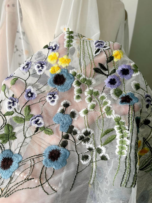 2 Yards High end 2D Large Positioning Water Plants Flowers Soft Mesh Heavy-Duty Embroidery Lace Fabric DIY Handmade Fabric Lace Accessories...