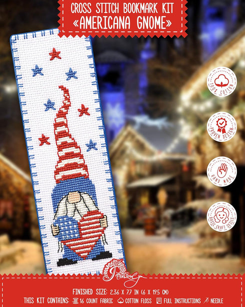 Povitrulya Counted Cross Stitch Bookmark Kit for Adults 'American Gnome' - DIY Embroidery Gift for Veterans day...