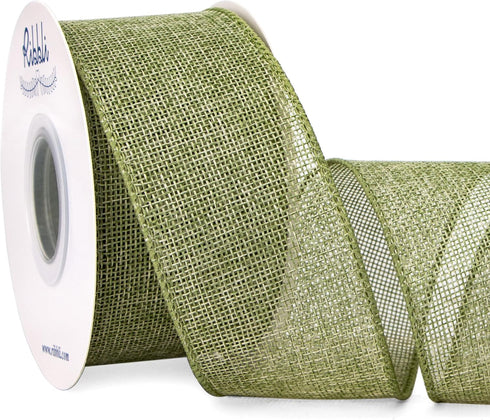 Ribbli Spring Moss/Sage Green Burlap Wired Ribbon,2 Inch x Continuous 10 Yard, Wired Edge Ribbon for Big Bow,Wreath,Tree Decoration,Outdoor Decora...