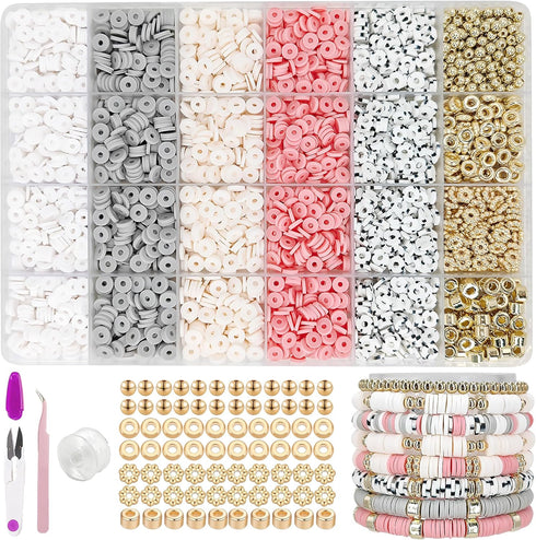 MIIIM Boho Neutral Clay Bead Bracelet Kit, Heishi Beads, Flat Clay Beads and Gold Spacer Beads for Jewelry Making, Friendship Bracelet Beads Kit f...