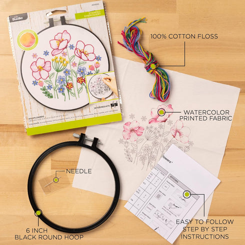 Bucilla Watercolor 6" Stamped Embroidery Kit, Flower Power, Includes 4-Color Printed Fabric, 6" Hoop, Embroidery Floss, Needle, and Instructions, ...