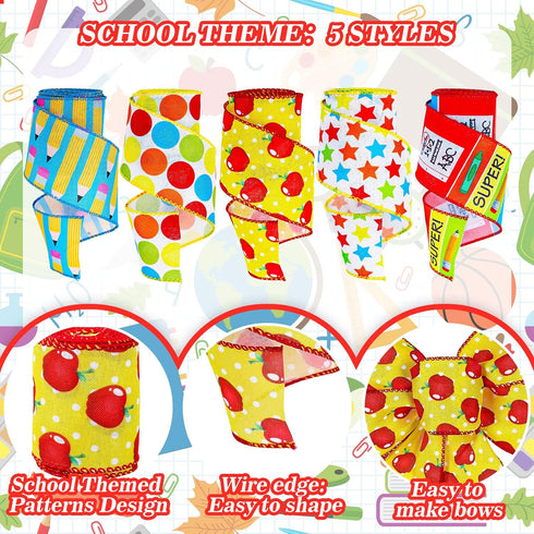 Whaline 30 Yards Back to School Wired Edge Ribbons School Themed Decorative Fabric Ribbon School Supplies Apple Stars Dots Wrapping Ribbon for DIY...