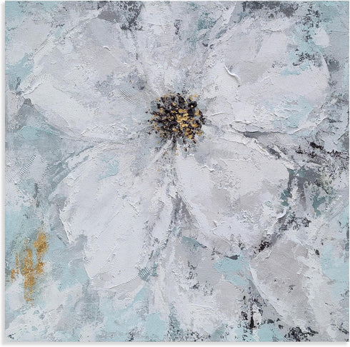 Yihui Arts White Flower Painting - Hand Painted Grey Floral Canvas Wall Art for Home Decor...