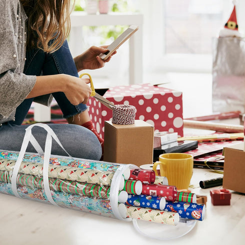 Wrapping Paper Storage Bags - Set of 2 Clear Totes with Handles for Organizing 30-Inch Rolls of Holiday, Birthday, and Christmas Wrap by Elf Stor...
