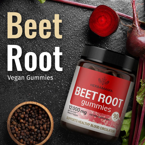 HERBAMAMA Beet Root Gummies - Chewable Vitamins from Beet Root Extract - Beet Root Supplements for Bolstering Energy Levels - 12000 mg, 90 Chews...