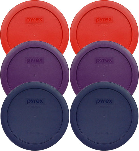 Pyrex 7201-PC (2) Poppy Red, (2) Purple, & (2) Blue Round 4 Cup Plastic Storage Lids, Made in USA...