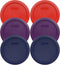 Pyrex 7201-PC (2) Poppy Red, (2) Purple, & (2) Blue Round 4 Cup Plastic Storage Lids, Made in USA...