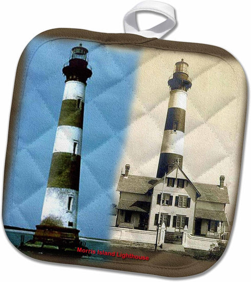 3D Rose Morris Island Lighthouse and Camera Station (Now and Then 1914)" Pot Holder, 8" x 8"...