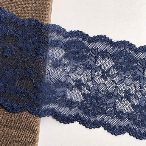 7 Inches Wide Stretch Lace with Floral Pattern for Bridal Wedding Decorations, Sewing and DIY Crafts- 5 Yards (6128 Navy)...