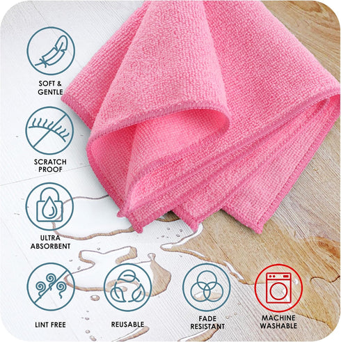 Hearth & Harbor Microfiber Cleaning Cloth, Microfiber Towels for Cars 12 Pack Washcloths, Pink Cleaning Rags, Reusable Microfiber Towel, Microfibe...