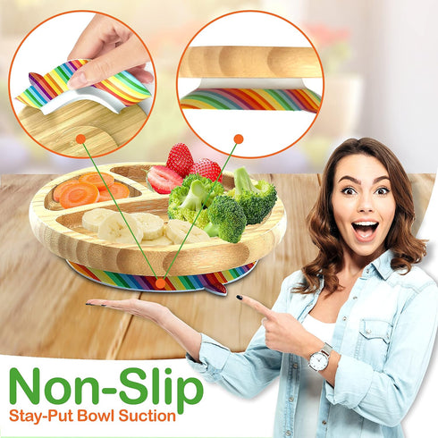 NutriChef Baby and Toddler plate - silicon suction, 3 compartment, Non-toxic All-natural Bamboo Baby Food plate (Rainbow)...