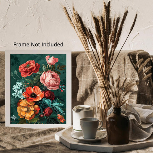 Posterizer 1 pcs-pink-blush coral flowers-green background-Floral & Botanical Art-Abstract & Modern Art-Decor for Home & Office- UNFRAMED Wall Art...