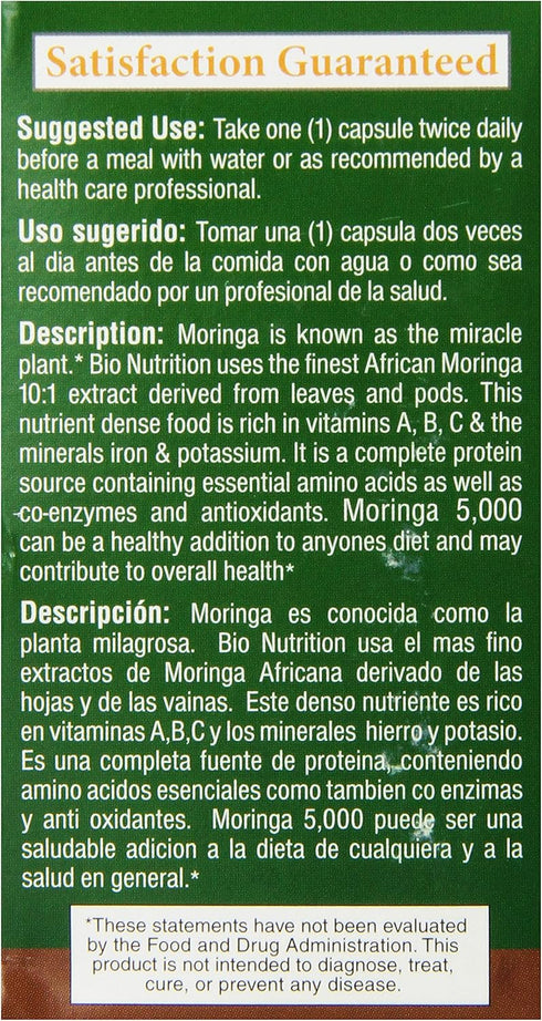 Bio Nutrition Moringa Oleifera Superfood Supplement 5000mg 90 Vegetarian Capsules | Nutrient Dense | High in Antioxidants | Promotes Strong Digest...