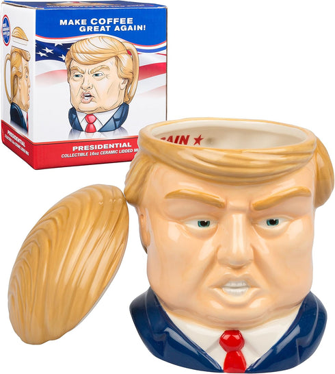 SCS Direct Donald Ceramic Large 3D Figural 16oz Coffee Mug w Toupee Lid- Make Coffee Cups Great Again- Not Endorsed by Kamala Harris- Collectible ...