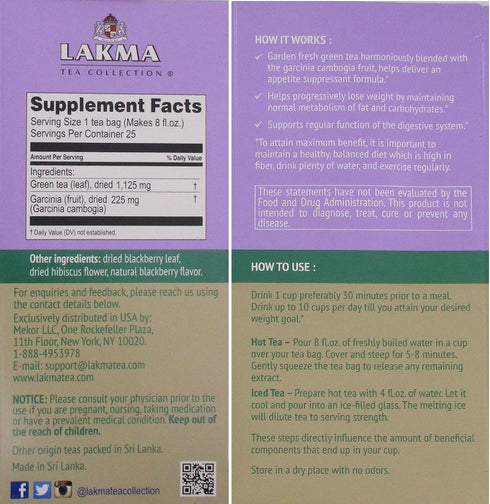 Lakma Garcinia Cambogia Green Tea with Blackberry - 25 Tea Bags...