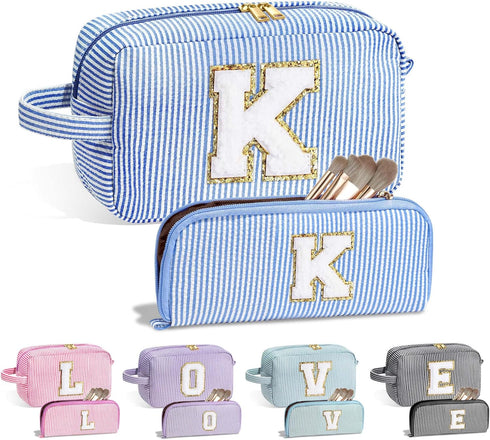 Makeup Bag for Women - Monogram Cute Initial Blue Makeup Bag Cosmetic Toiletry Pouch Make Up Case for Women Her Best Friend Friendship Sister Teac...