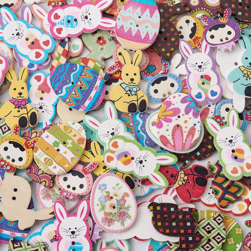 Pandahall 210pcs Wooden Easter Buttons 2 Hole Eggs Bunny Girls Bear Painting Buttons Decorative Sewing Buttons for Party Decorations Sewing Scrapb...