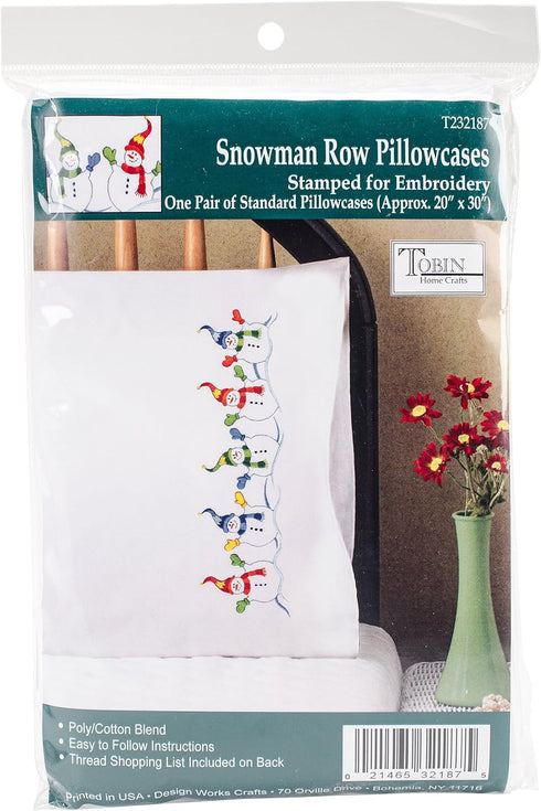 Design Works Crafts Tobin Stamped Pillowcases, Snowman Row, 20" x 30" Embroidery Kit, white......