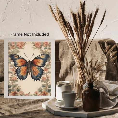 Posterizer 1 pcs- Orange and blue butterfly with wild red flowers-Art for Animal Lovers-Floral Botanical Art- Gift for Men Women Teens-Living Room...