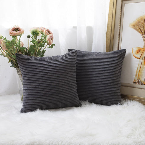 Home Brilliant Grey Pillow Covers 18 x 18 Set of 2 Soft Decorative Striped Corduroy Velvet Square Throw Pillow Cover for Sofa Couch, 18x18 inch, D...