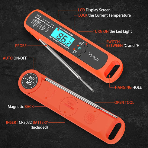 Venigo Digital Meat and Food Thermometer for Cooking and Grilling, Waterproof Instant-Read Cooking Thermometer, Kitchen Probe Thermometer for Baki...