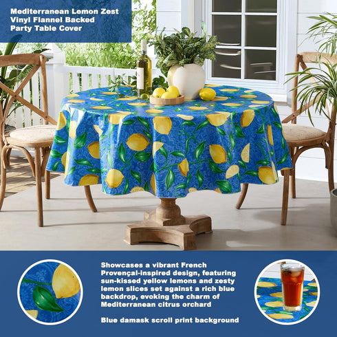 Newbridge Round Vinyl Tablecloth, 70 Inch, Mediterranean Zest Vinyl Flannel Backed Table Cloth, Lemon Print...