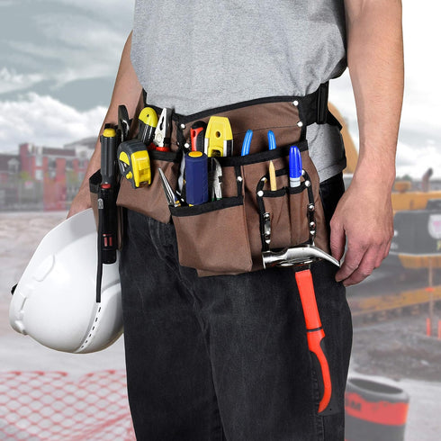 11 Pocket Brown and Black Heavy Duty Construction Tool Belt, Work Apron, Tool Pouch, with Poly Web Belt Quick Release Buckle - Adjusts from 33” In...