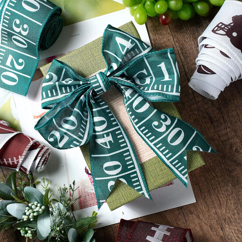 20 Yards/4 Rolls Football Wired Ribbons 2.5 Inches Wide Green Brown Wired Ribbon Sports Burlap Ribbon Rolls Ball Pattern Ribbons for DIY Wrapping ...