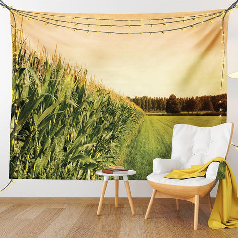 Lunarable Country Tapestry, Cornfield Farmland Near Forest Foliage Rural Harvest Season Landscape Scenics, Fabric Wall Hanging Decor for Bedroom L...