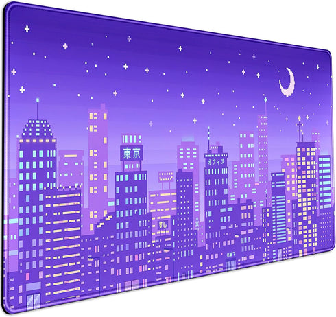 Purple Anime Desk Mat Japanese Tokyo City Mousepad Retro Neon Pixel XXL Deskmat Gaming Anime Cool Kawaii Large Mouse Pad Keyboard Mouse Mat Desk P...