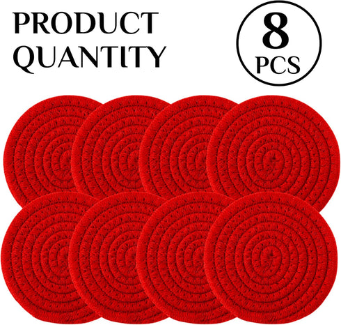 8PCS Cotton Round Woven Coasters Drink - Red Handmade Braided Cup Coasters Absorbent Woven Circles Hot Pads Mats for Drink Home Kitchen Heat-Resis...