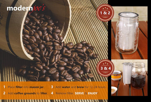 MODERNJOE'S Premium Infuser Cold Brew Coffee Maker for 2 Quart Wide Mouth Mason Jars. Cold Brew Coffee Filter. Iced Coffee and Tea. Heavy Duty Gau...